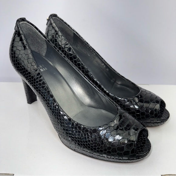 Stuart Weitzman Black Python Embossed Leather Peep Toe Pumps Size 6.5 M - Picture 1 of 16